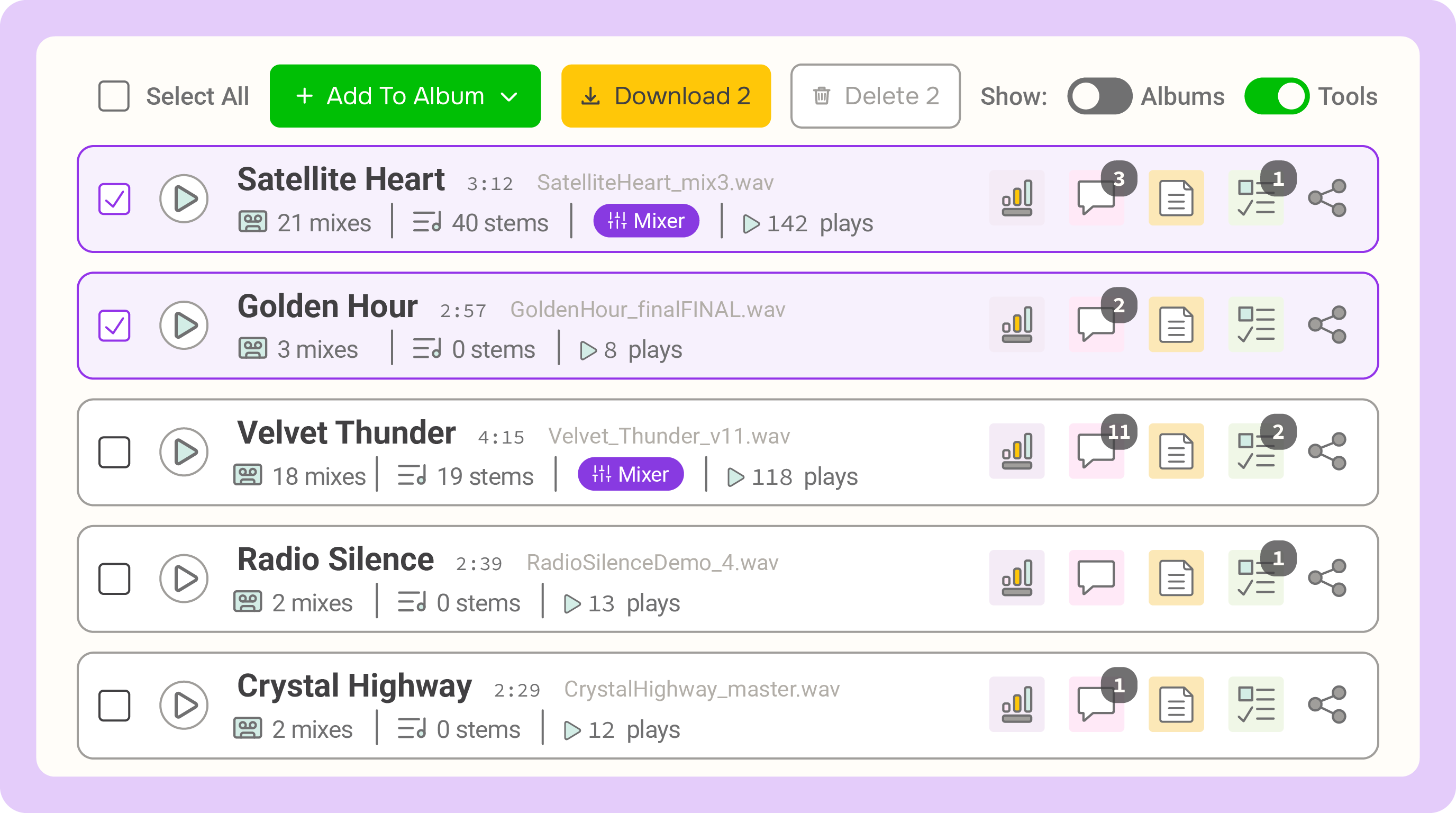 Illustration of the Bounce music library with song list, comments, to-dos, and notes panels